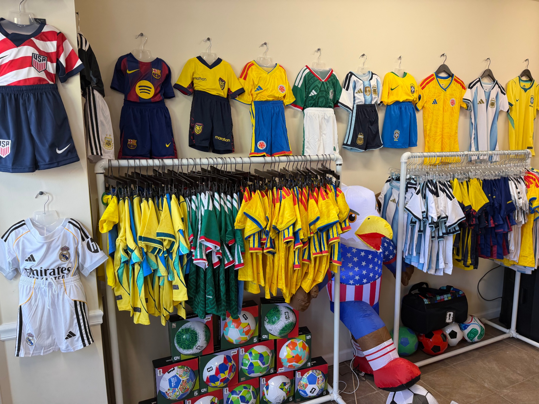 Inside Mi Bandera Soccer Store — jerseys, hats, flags and souvenirs